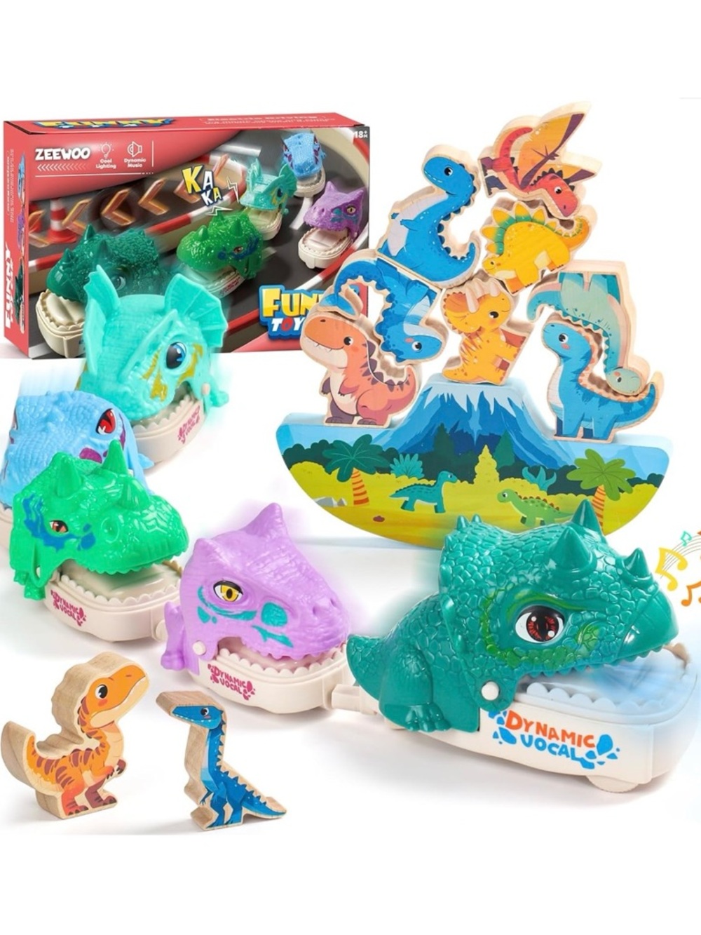 2-in-1 wooden dinosaur stacking toy with a motorized car, lights and music for b